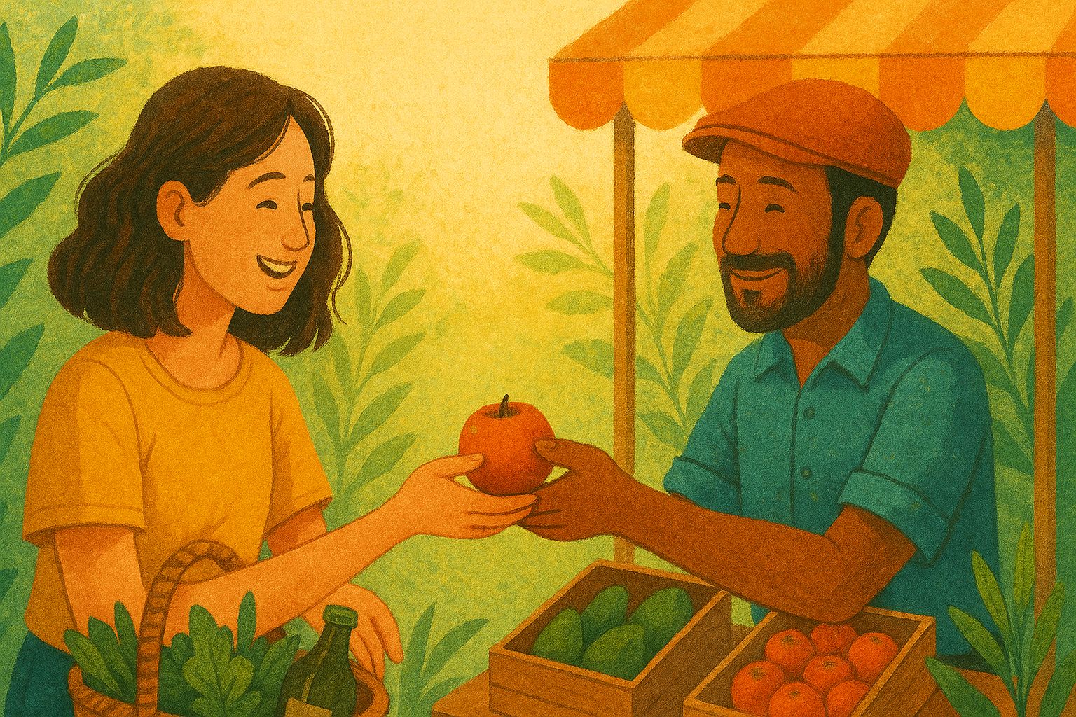 ilustración de una chica con una cesta con varios vegetales, comprando manzanas en una parada de mercado