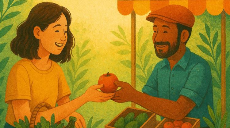 ilustración de una chica con una cesta con varios vegetales, comprando manzanas en una parada de mercado